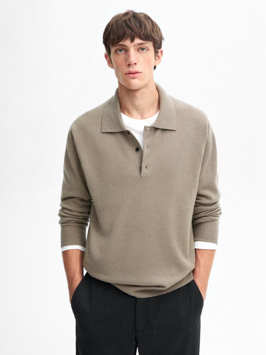 Massimo Dutti Wool Blend Polo Collar Men Sweater Khaki | US-JG8750123