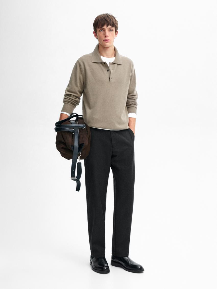 Massimo Dutti Wool Blend Polo Collar Men Sweater Khaki | US-JG8750123