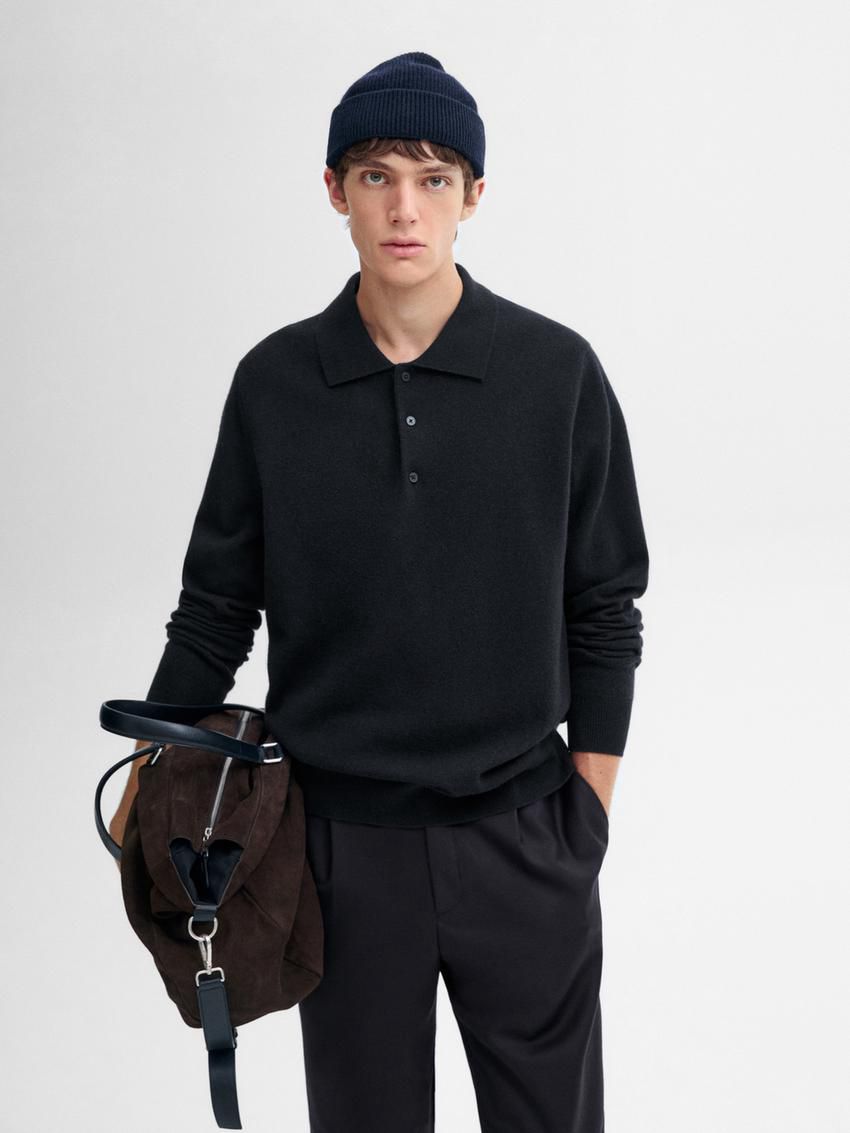 Massimo Dutti Wool Blend Polo Collar Men Sweater Navy | US-BR0186543