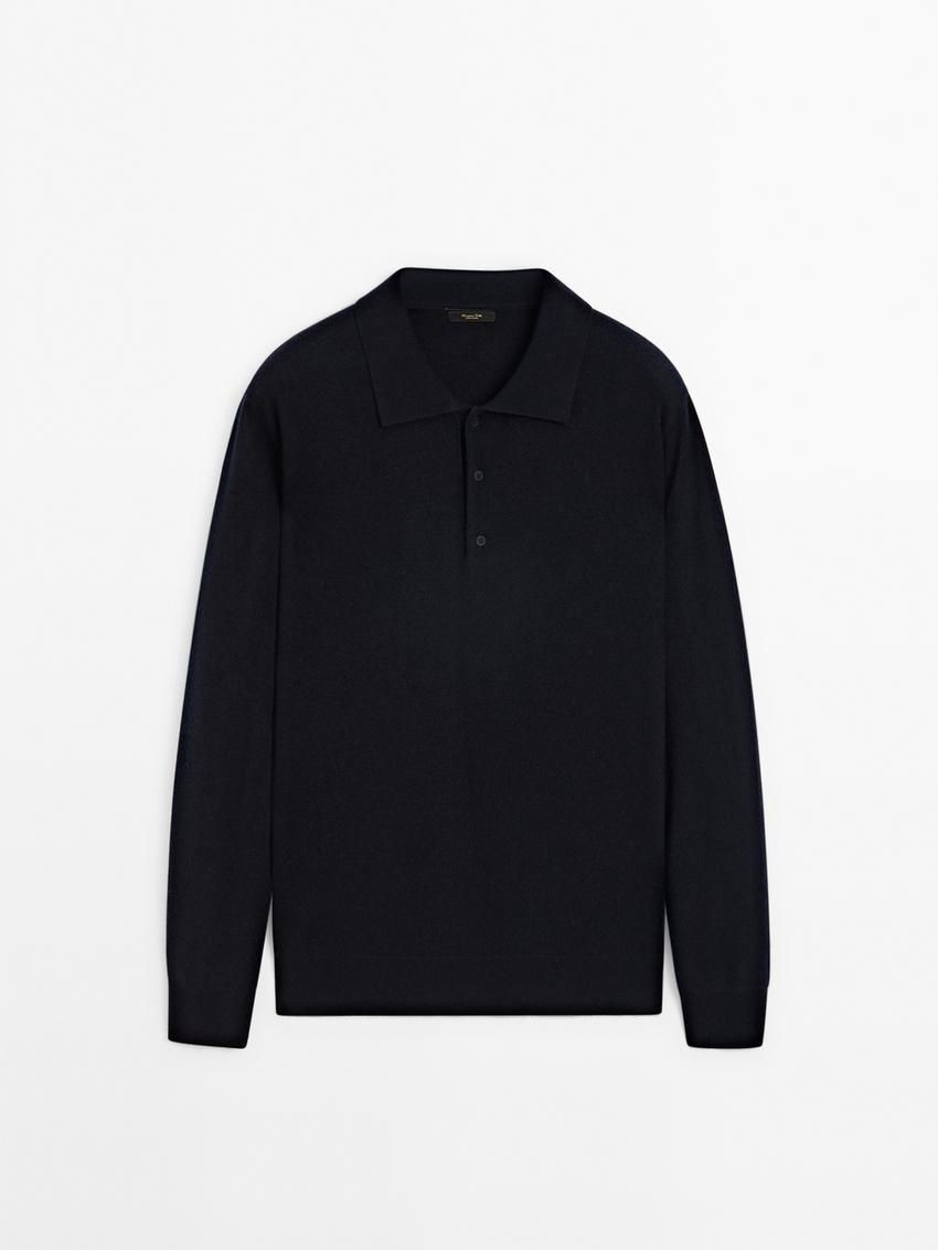 Massimo Dutti Wool Blend Polo Collar Men Sweater Navy | US-BR0186543