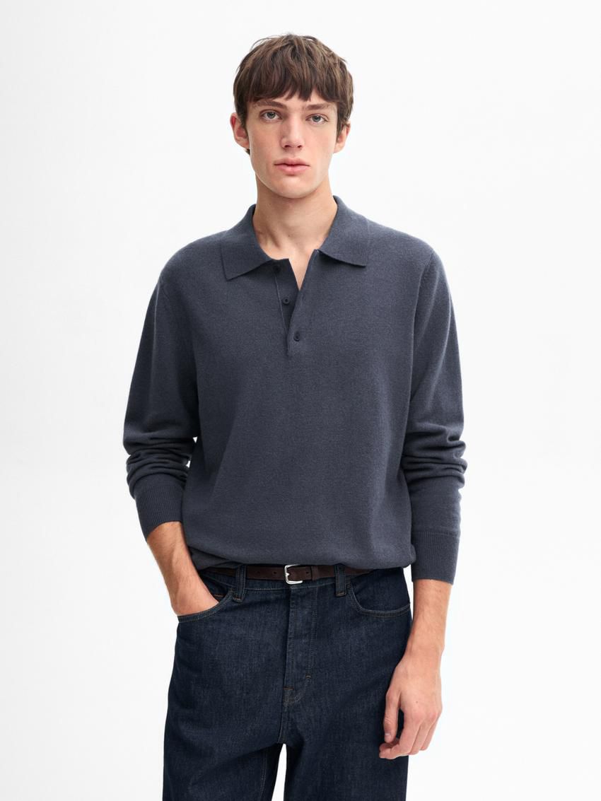 Massimo Dutti Wool Blend Polo Collar Men Sweater Dark Blue | US-EI8963024