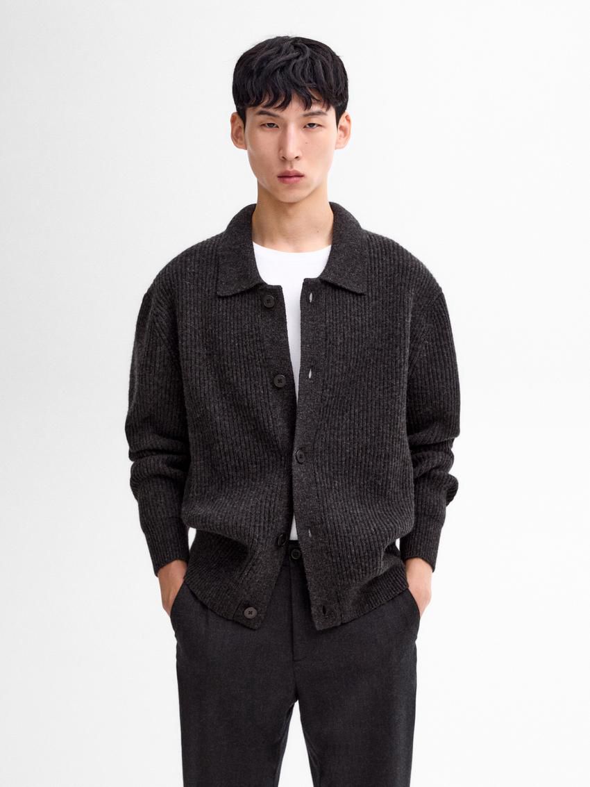 Massimo Dutti Wool Blend Polo Collar Men Cardigan Dark Grey | US-AG9860713