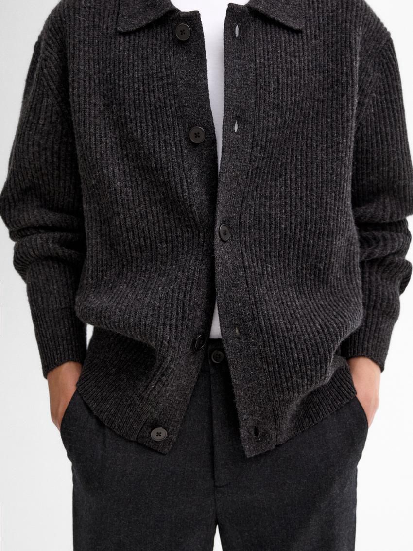 Massimo Dutti Wool Blend Polo Collar Men Cardigan Dark Grey | US-AG9860713