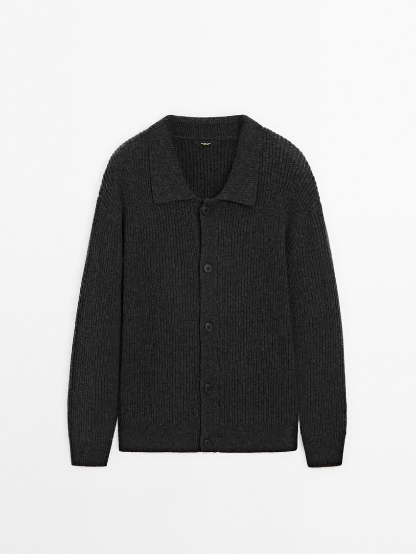 Massimo Dutti Wool Blend Polo Collar Men Cardigan Dark Grey | US-AG9860713