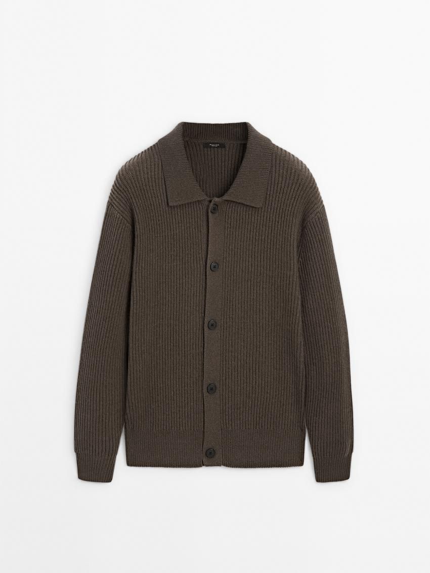 Massimo Dutti Wool Blend Polo Collar Men Cardigan Dark Brown | US-VJ0167982
