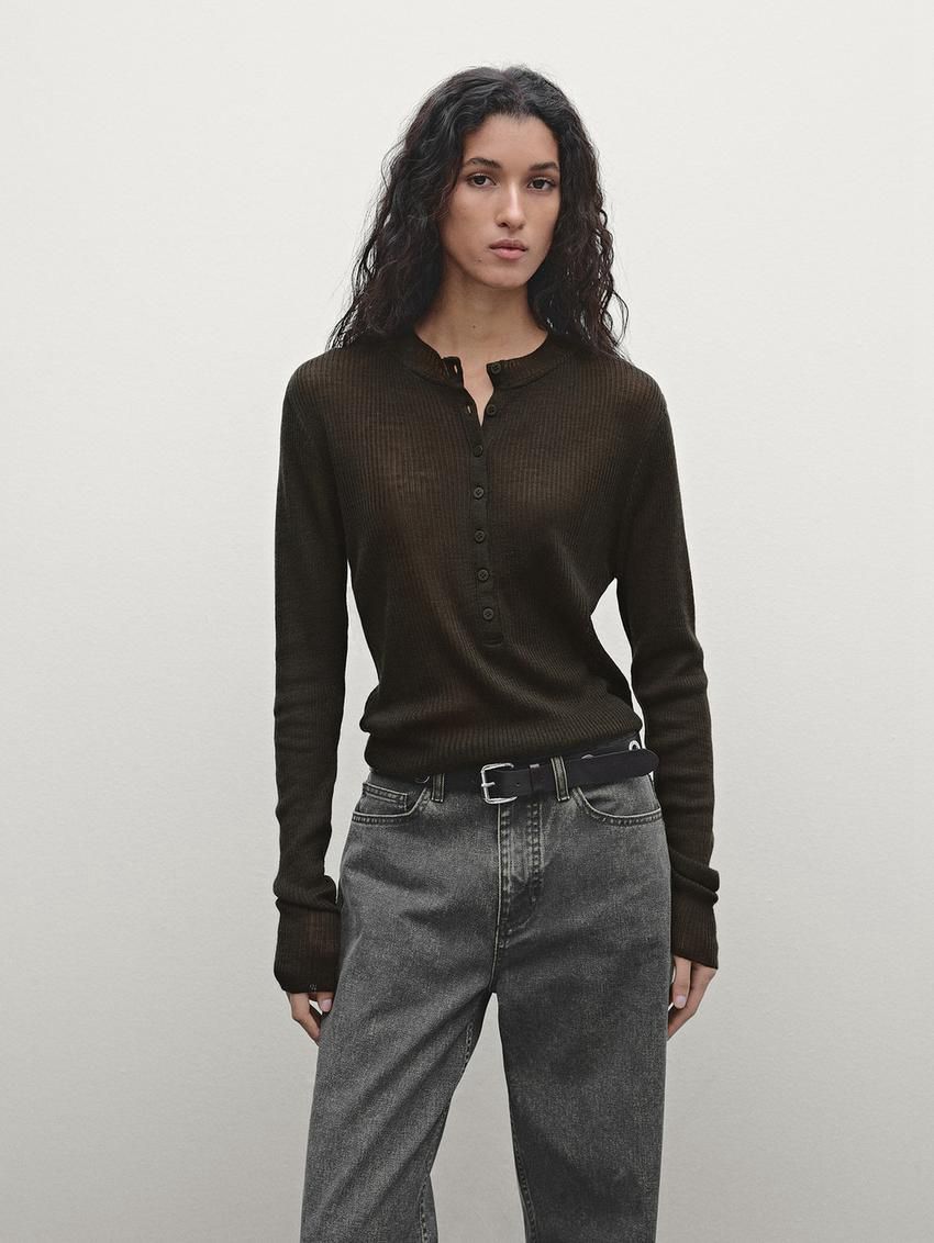 Massimo Dutti Wool Blend Ribbed Knit With Buttons Women T-Shirt Dark Khaki | US-RG3709816