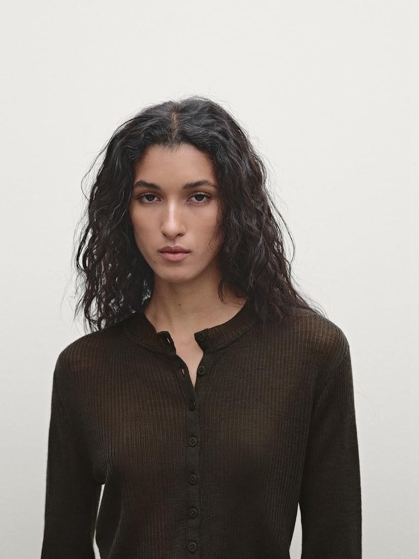 Massimo Dutti Wool Blend Ribbed Knit With Buttons Women T-Shirt Dark Khaki | US-RG3709816