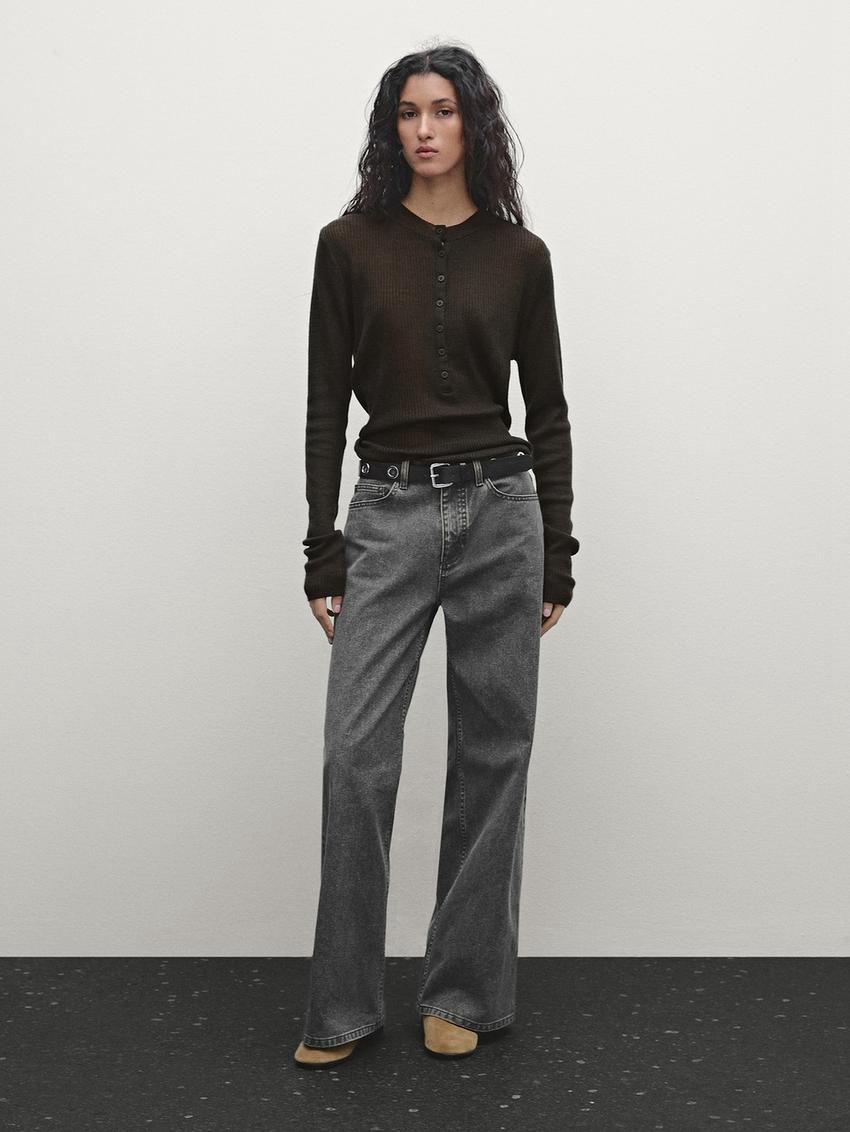 Massimo Dutti Wool Blend Ribbed Knit With Buttons Women T-Shirt Dark Khaki | US-RG3709816