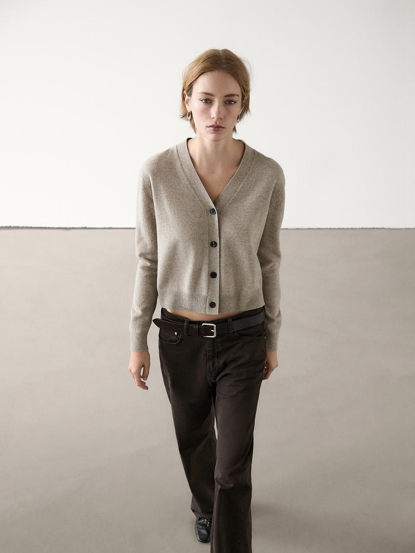 Massimo Dutti Wool Blend V-neck Women Cardigan Beige | US-ZE2364109