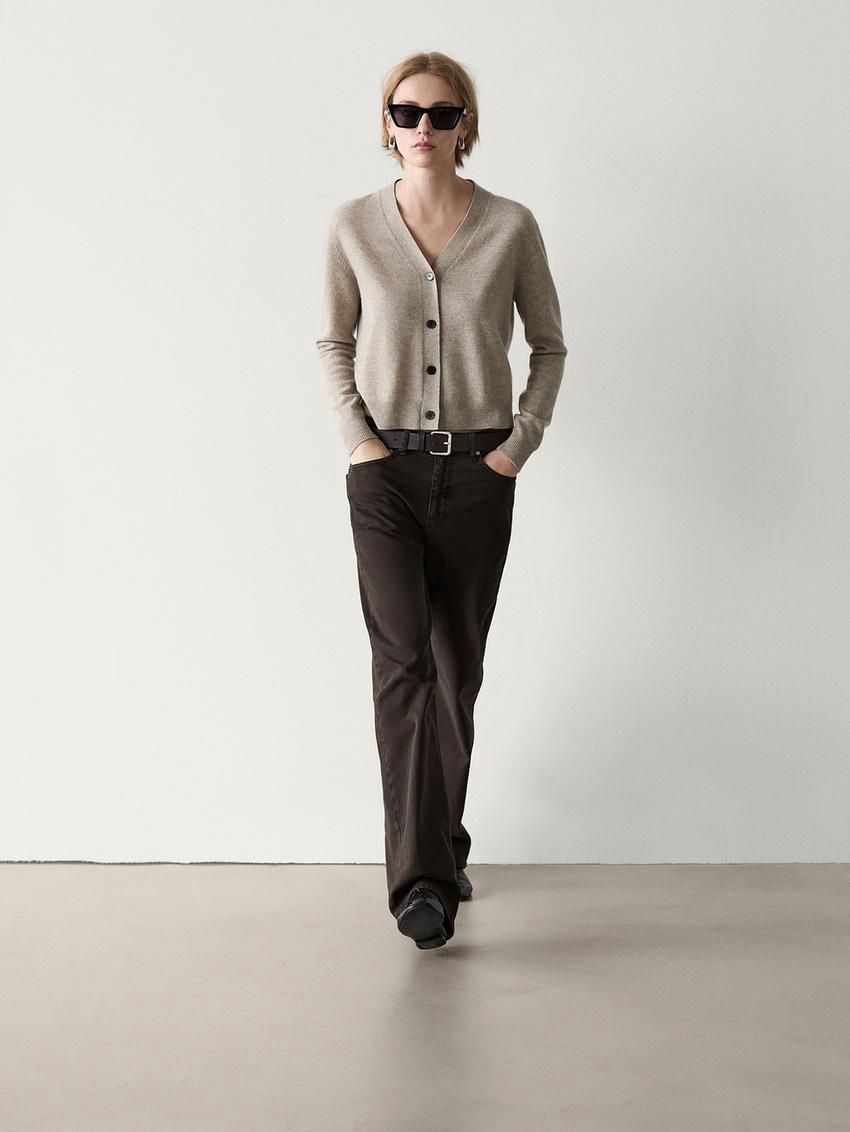 Massimo Dutti Wool Blend V-neck Women Cardigan Beige | US-ZE2364109