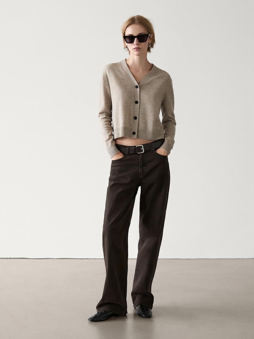 Massimo Dutti Wool Blend V-neck Women Cardigan Beige | US-ZE2364109