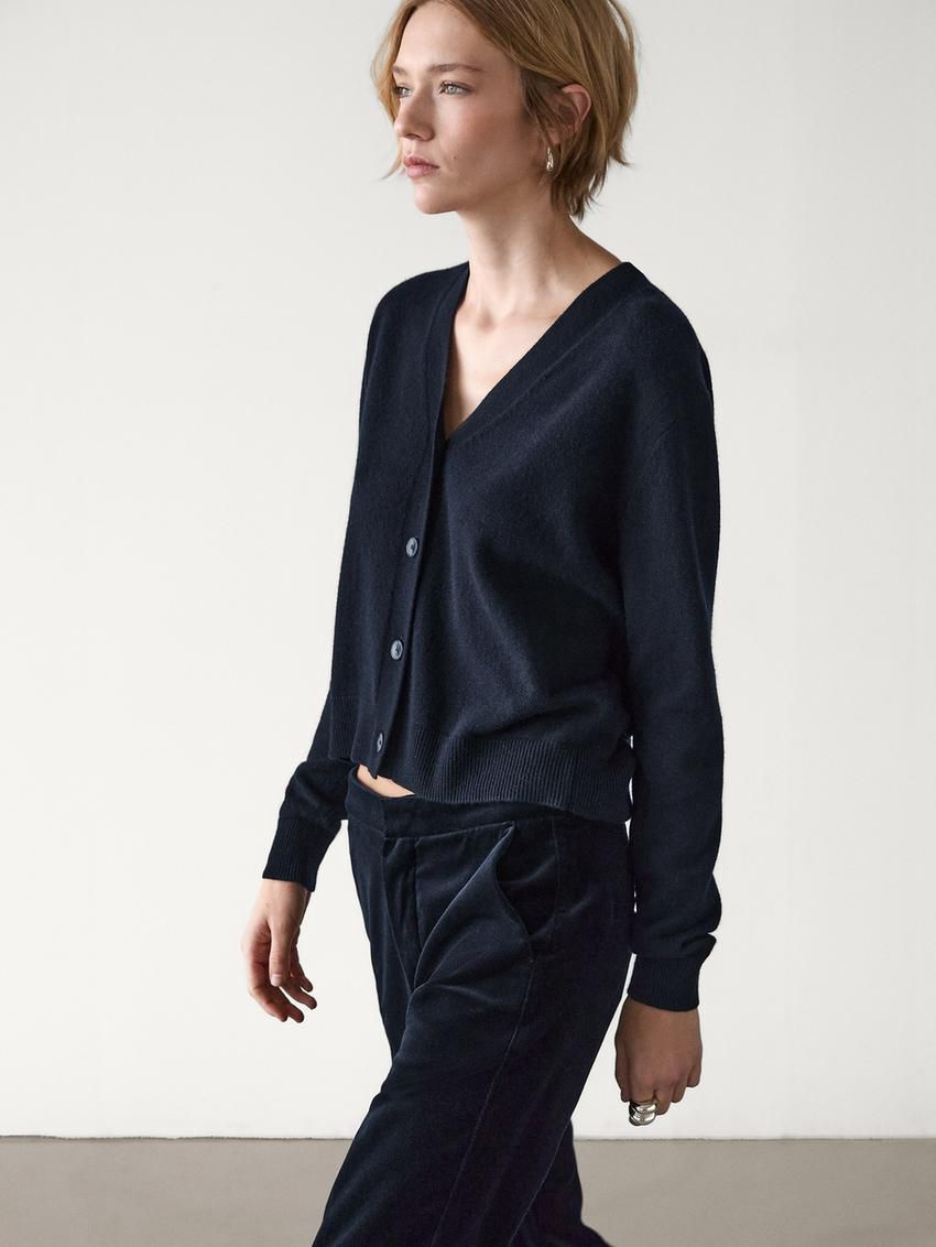 Massimo Dutti Wool Blend V-neck Women Cardigan Navy | US-LP7650483