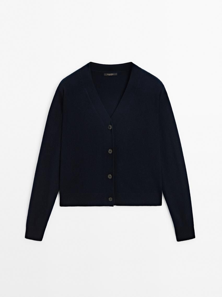 Massimo Dutti Wool Blend V-neck Women Cardigan Navy | US-LP7650483