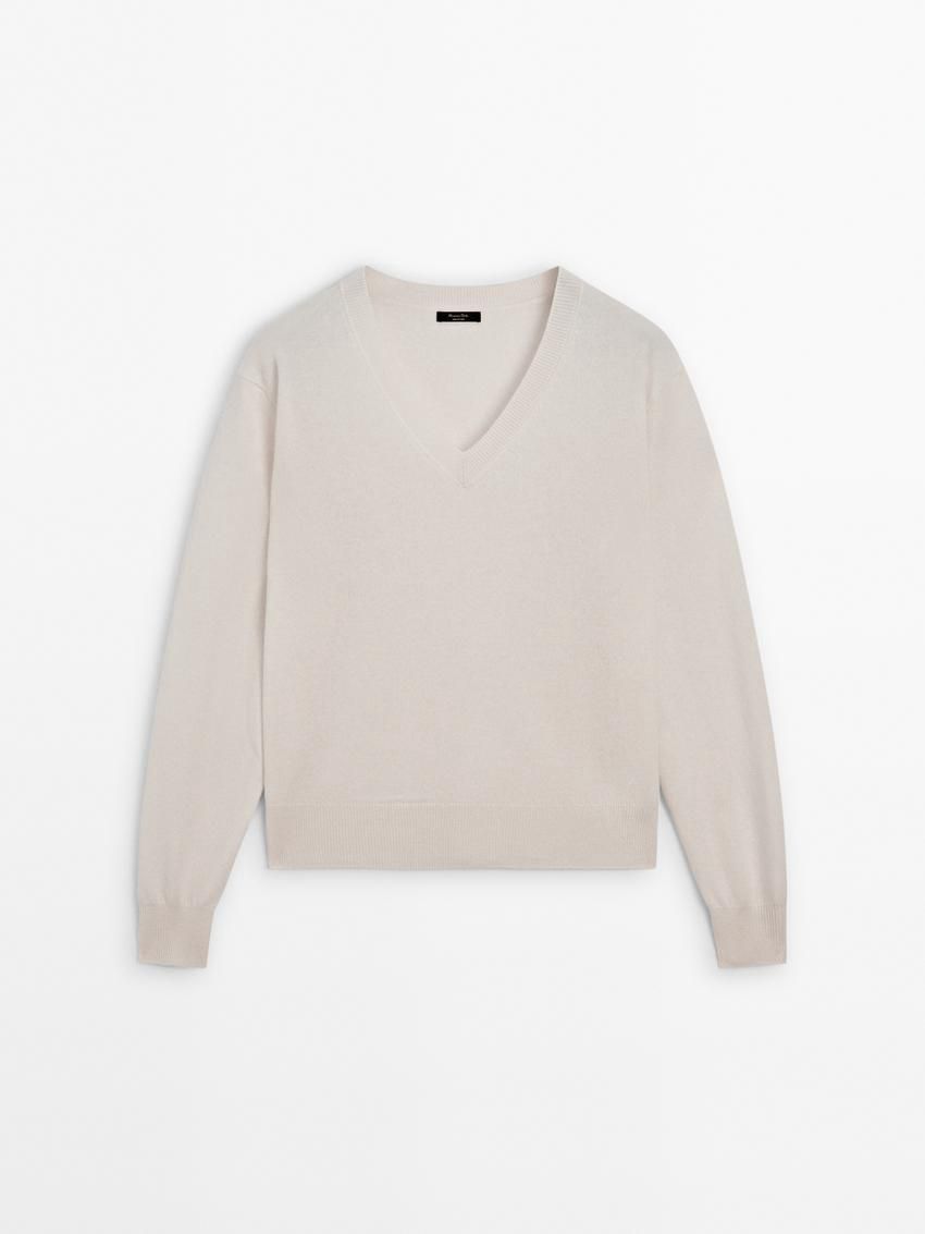 Massimo Dutti Wool Blend V-neck Women Sweater Cream | US-QC6750942