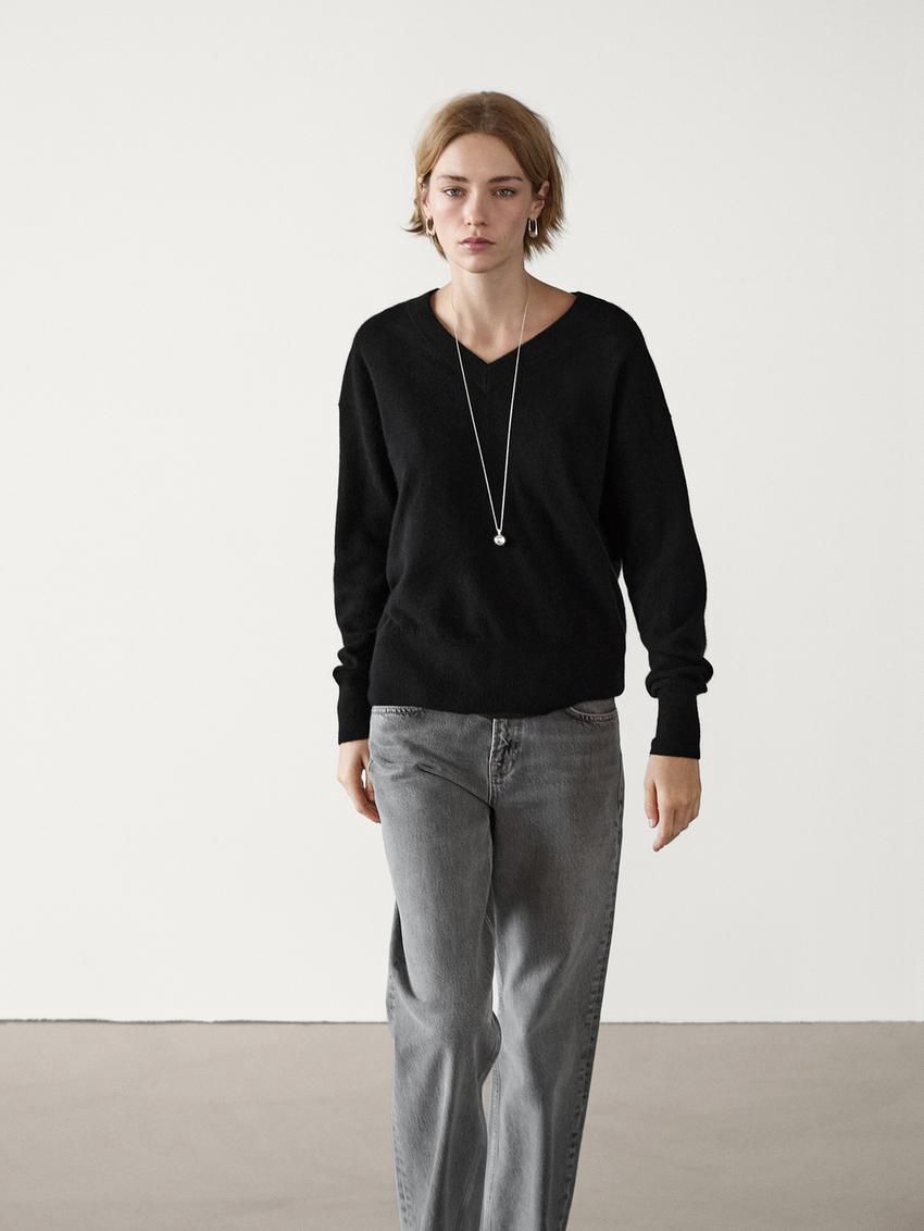 Massimo Dutti Wool Blend V-neck Women Sweater Black | US-AQ9317840