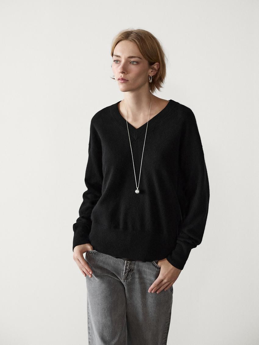 Massimo Dutti Wool Blend V-neck Women Sweater Black | US-AQ9317840