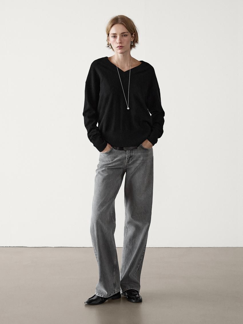Massimo Dutti Wool Blend V-neck Women Sweater Black | US-AQ9317840