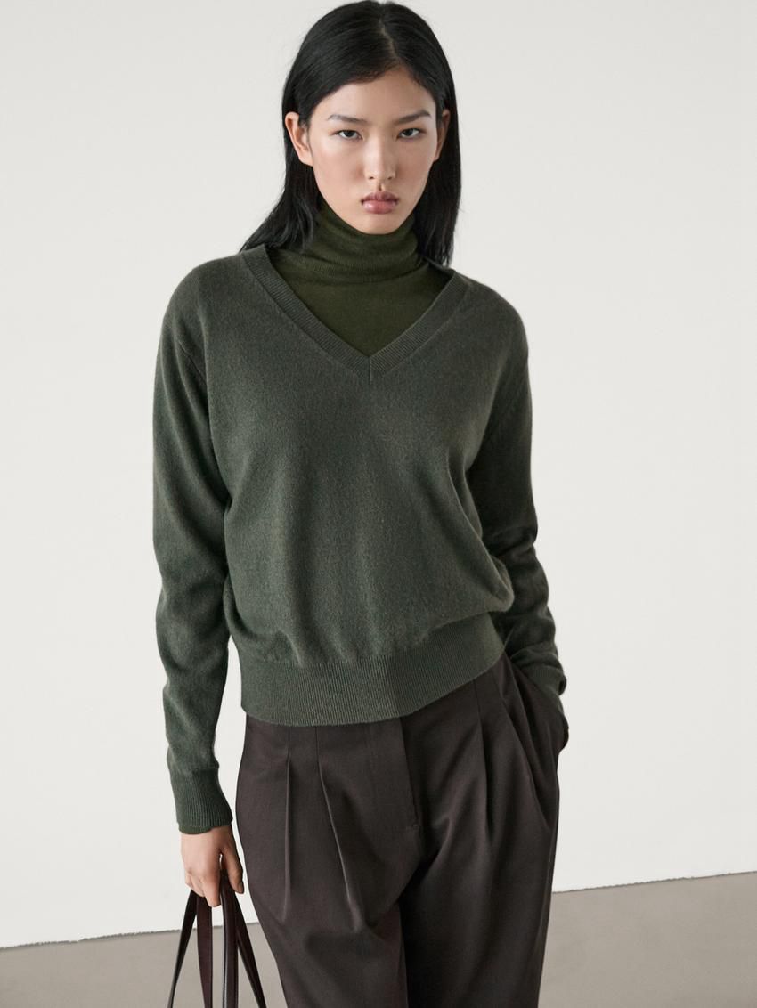 Massimo Dutti Wool Blend V-neck Women Sweater Green | US-NA4837261