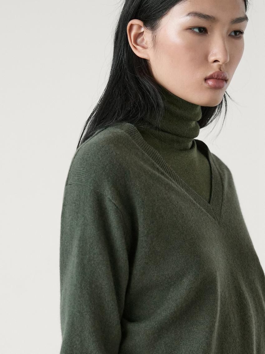 Massimo Dutti Wool Blend V-neck Women Sweater Green | US-NA4837261
