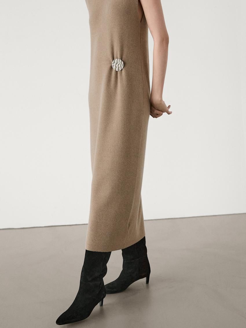 Massimo Dutti Wool Blend With Brooch Detail Women Dress Brown | US-AP7230964