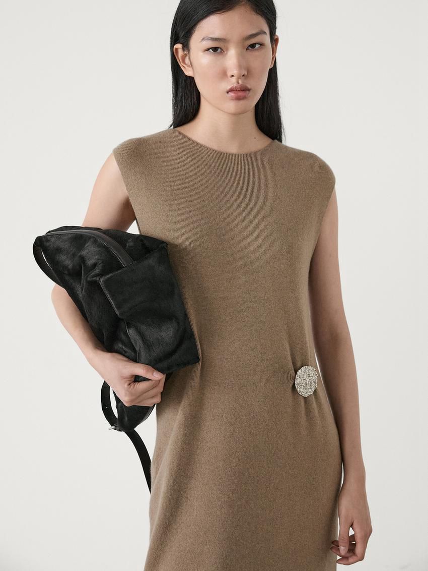 Massimo Dutti Wool Blend With Brooch Detail Women Dress Brown | US-AP7230964