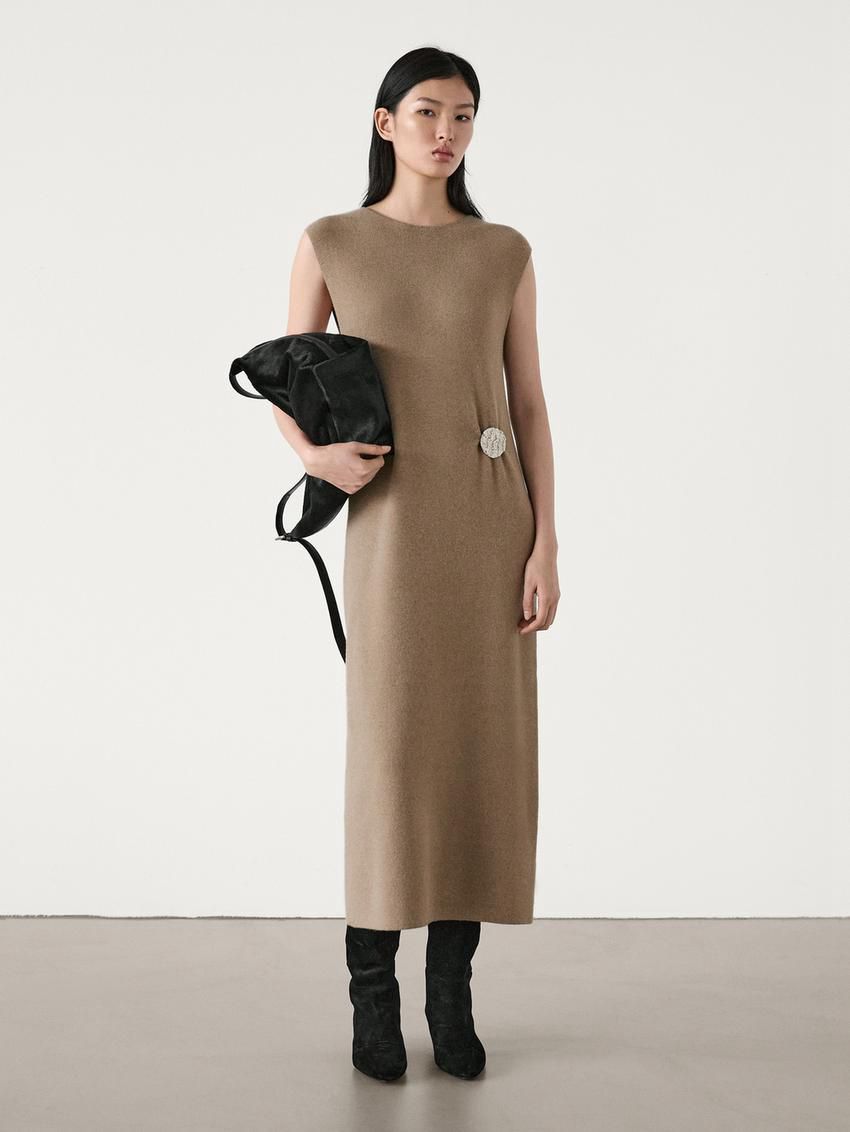 Massimo Dutti Wool Blend With Brooch Detail Women Dress Brown | US-AP7230964