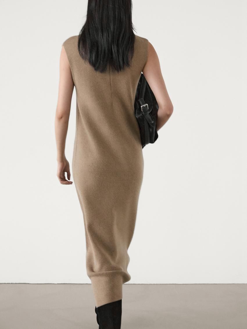Massimo Dutti Wool Blend With Brooch Detail Women Dress Brown | US-AP7230964