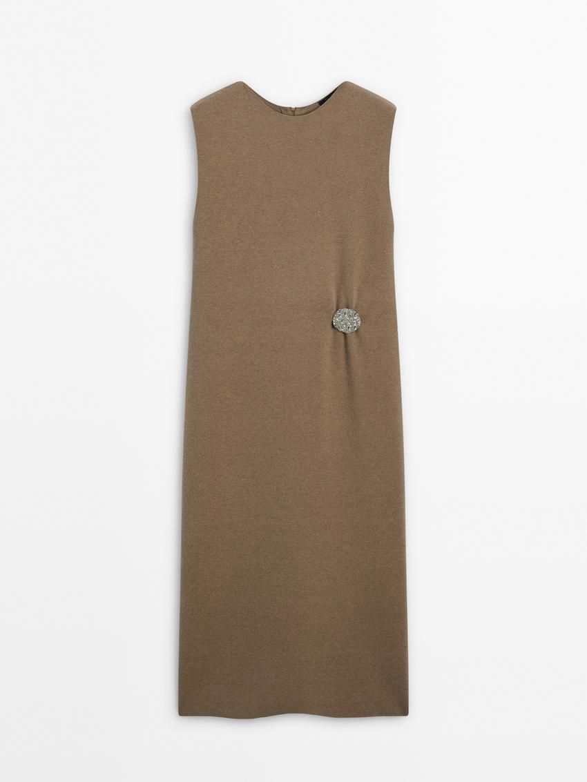 Massimo Dutti Wool Blend With Brooch Detail Women Dress Brown | US-AP7230964