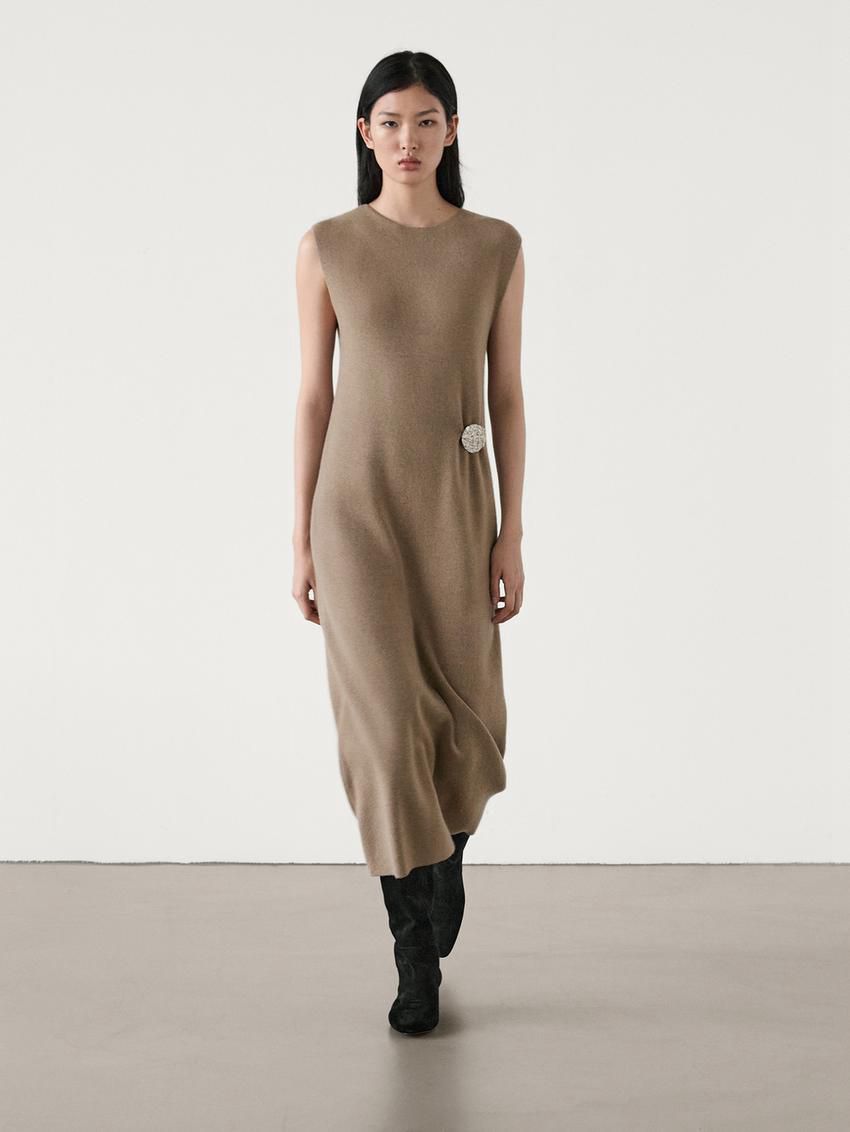 Massimo Dutti Wool Blend With Brooch Detail Women Dress Brown | US-AP7230964