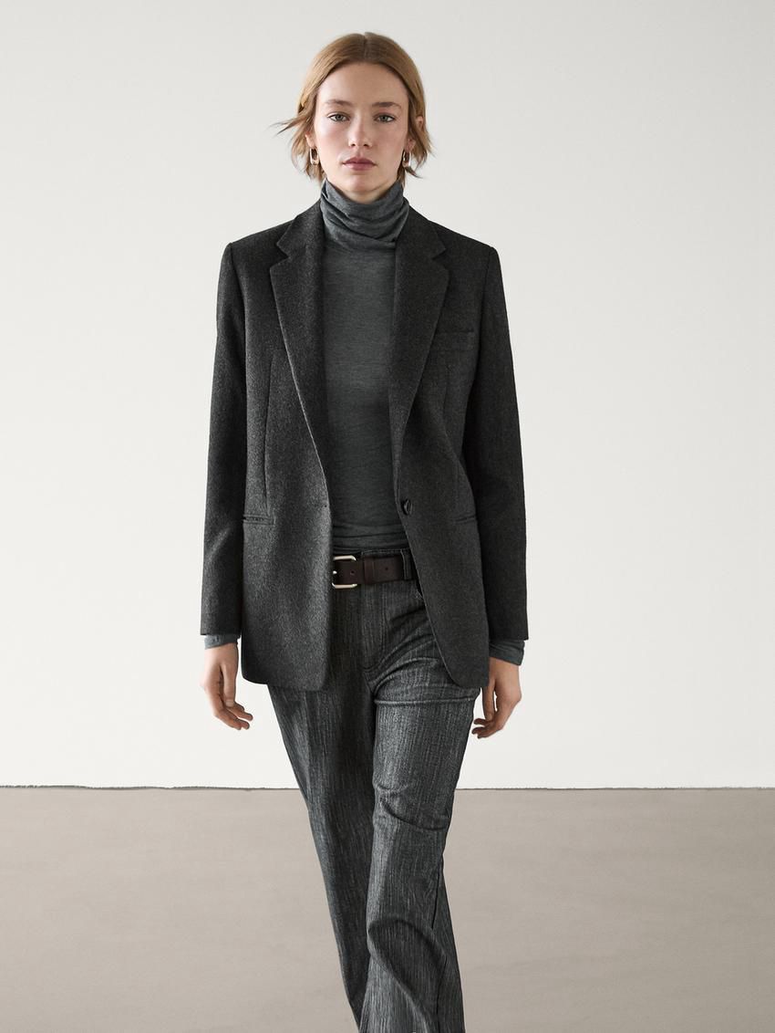 Massimo Dutti Wool Blend With Flannel Detail Women Blazer Dark Grey | US-HV8671390