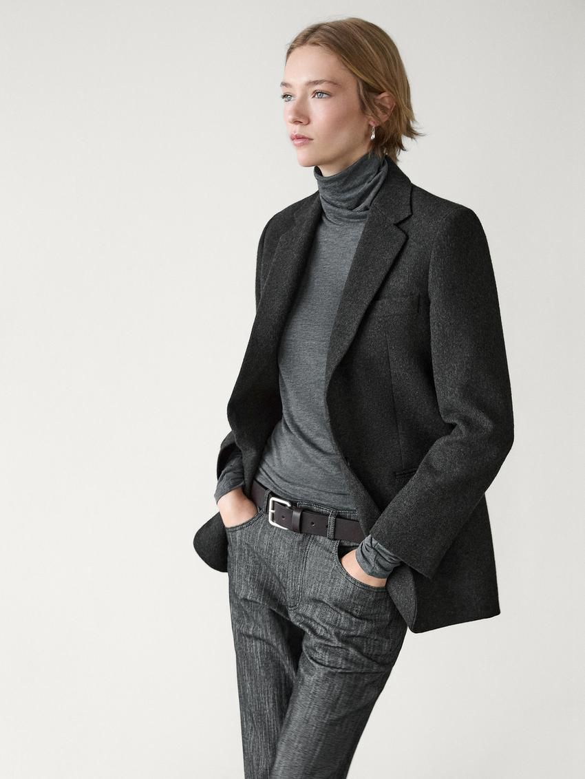 Massimo Dutti Wool Blend With Flannel Detail Women Blazer Dark Grey | US-HV8671390