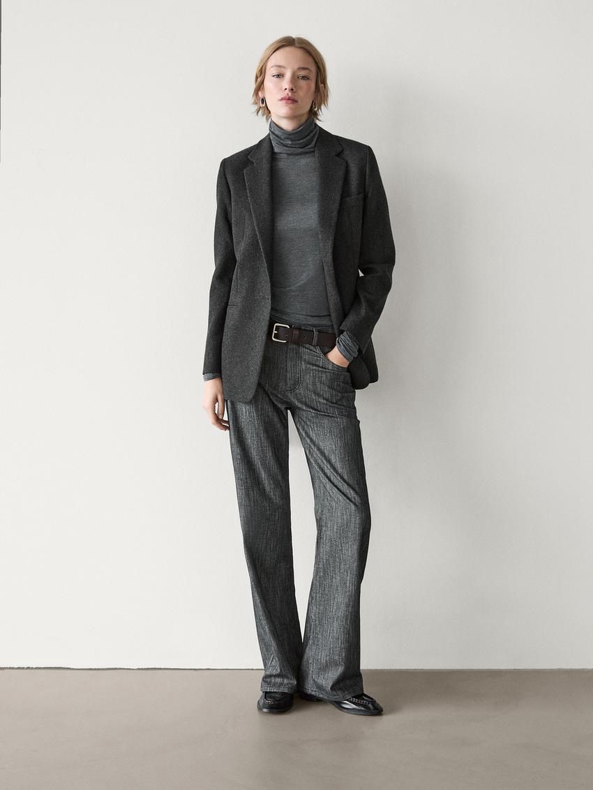 Massimo Dutti Wool Blend With Flannel Detail Women Blazer Dark Grey | US-HV8671390