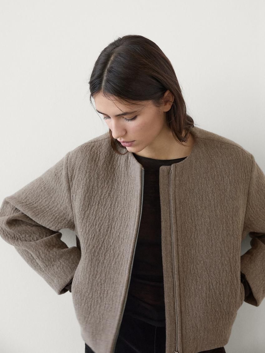 Massimo Dutti Wool Blend With Pleated Detail Women Jacket Dark Brown | US-LF6580317