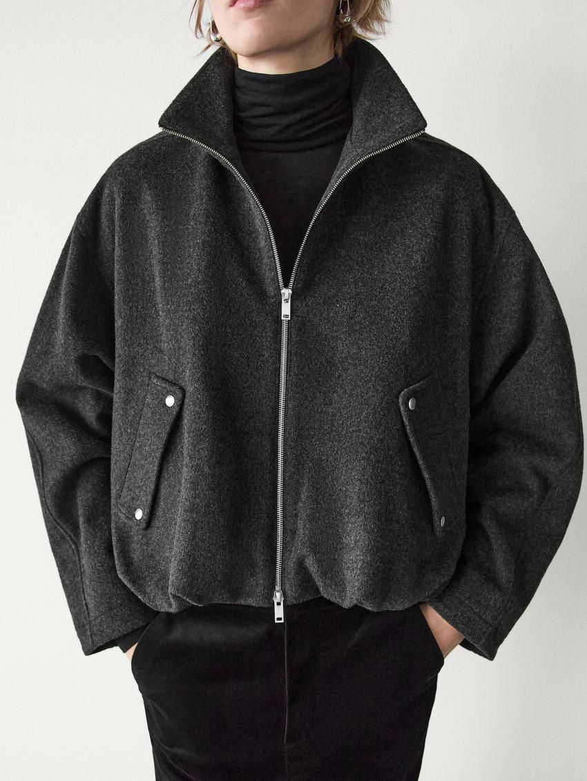 Massimo Dutti Wool Blend Women Bomber Jacket Dark Grey | US-ZD4370981