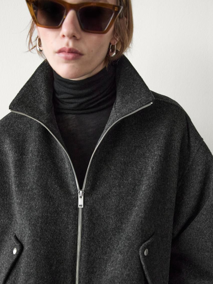 Massimo Dutti Wool Blend Women Bomber Jacket Dark Grey | US-ZD4370981