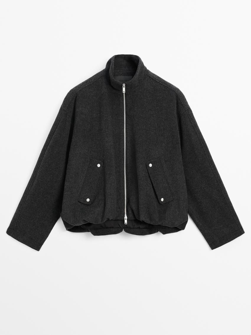 Massimo Dutti Wool Blend Women Bomber Jacket Dark Grey | US-ZD4370981