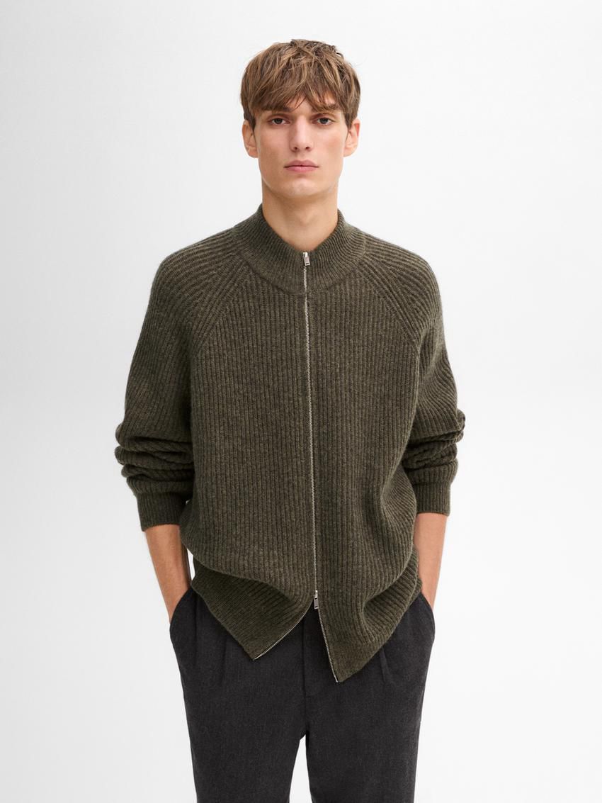 Massimo Dutti Wool Blend Zip Men Cardigan Khaki | US-YM1905864