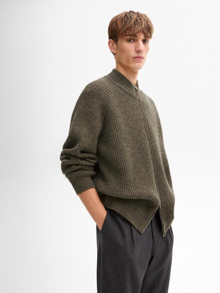 Massimo Dutti Wool Blend Zip Men Cardigan Khaki | US-YM1905864