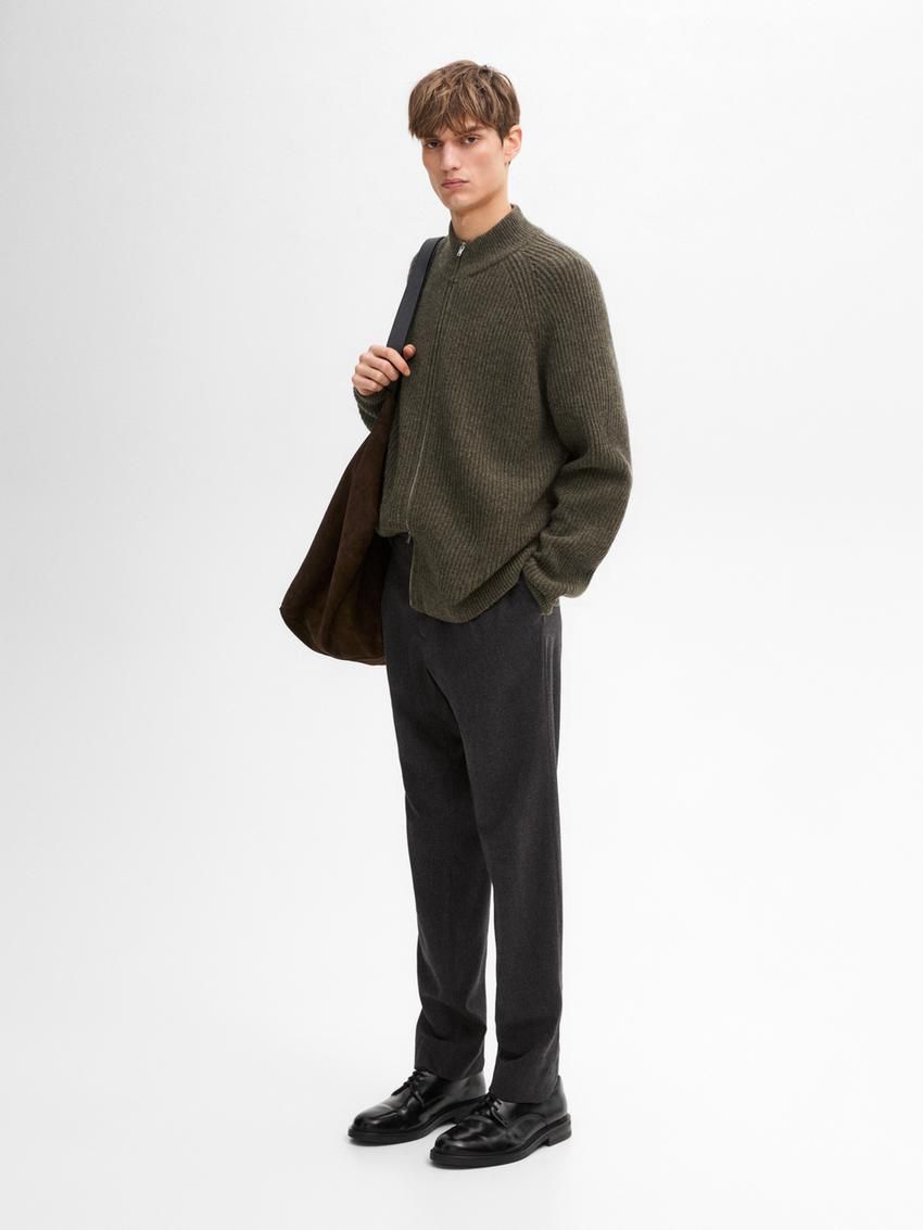 Massimo Dutti Wool Blend Zip Men Cardigan Khaki | US-YM1905864