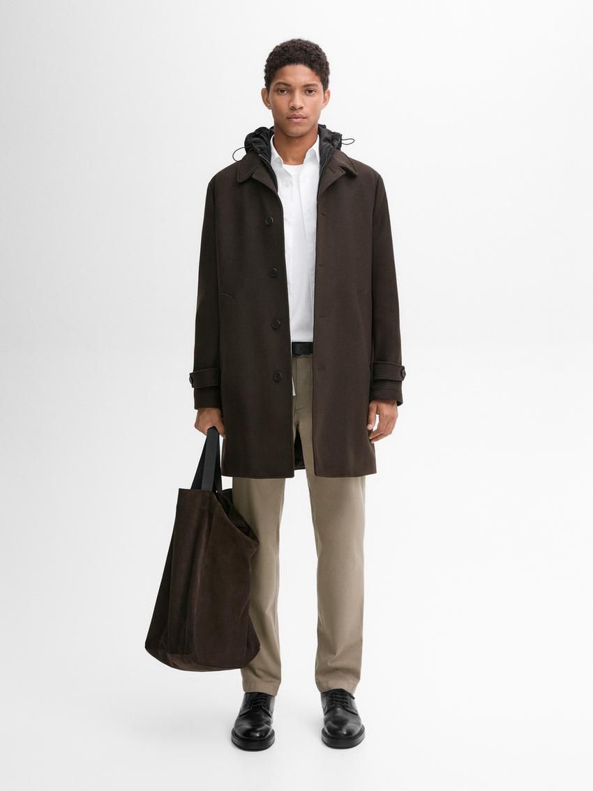 Massimo Dutti Wool Blendwith Hood Detail Men Coat Dark Brown | US-AS3760459