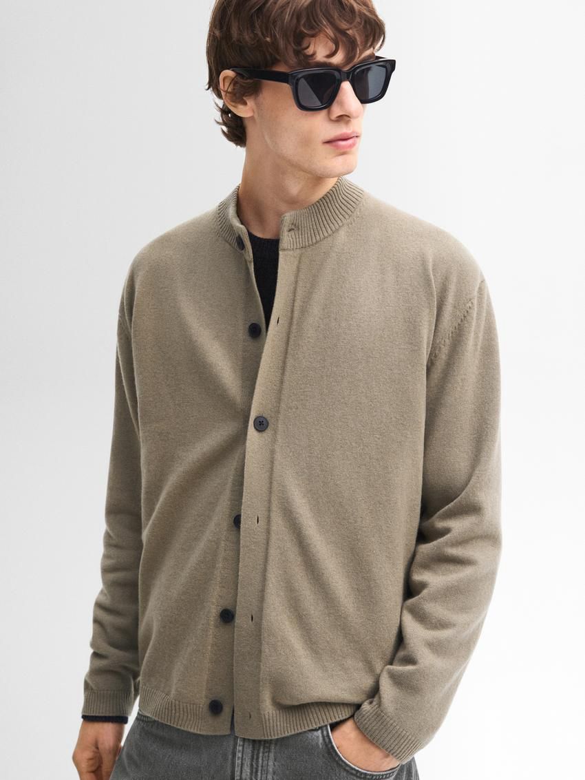 Massimo Dutti Wool Bomber Men Cardigan Khaki | US-SK2094867