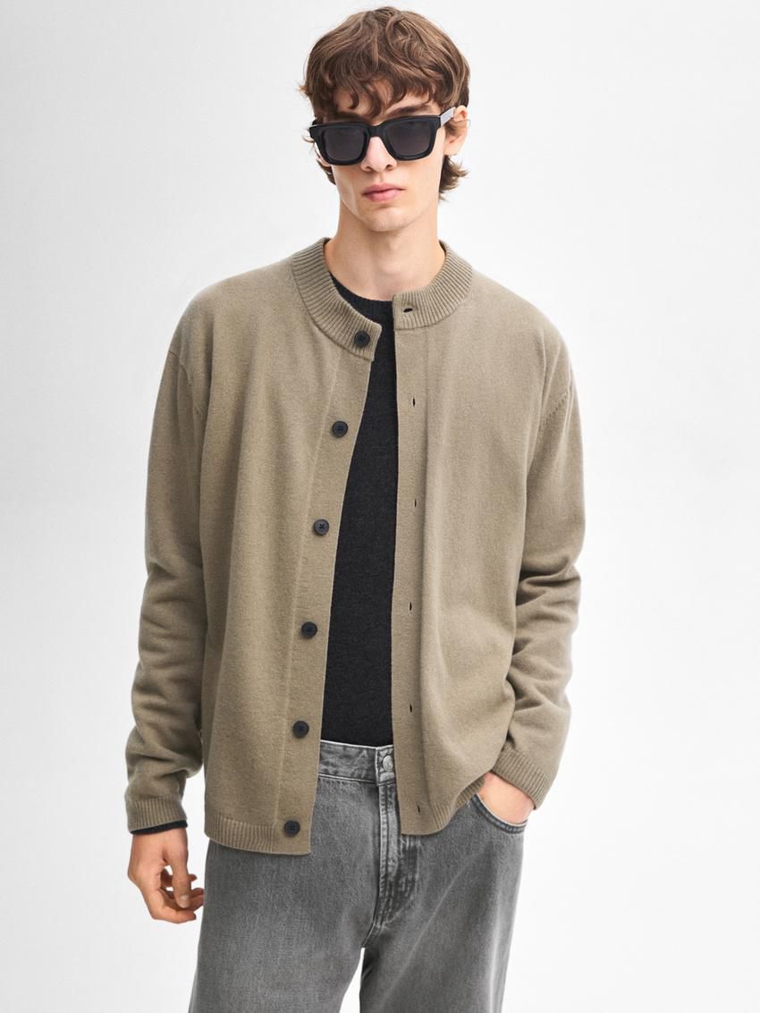 Massimo Dutti Wool Bomber Men Cardigan Khaki | US-SK2094867