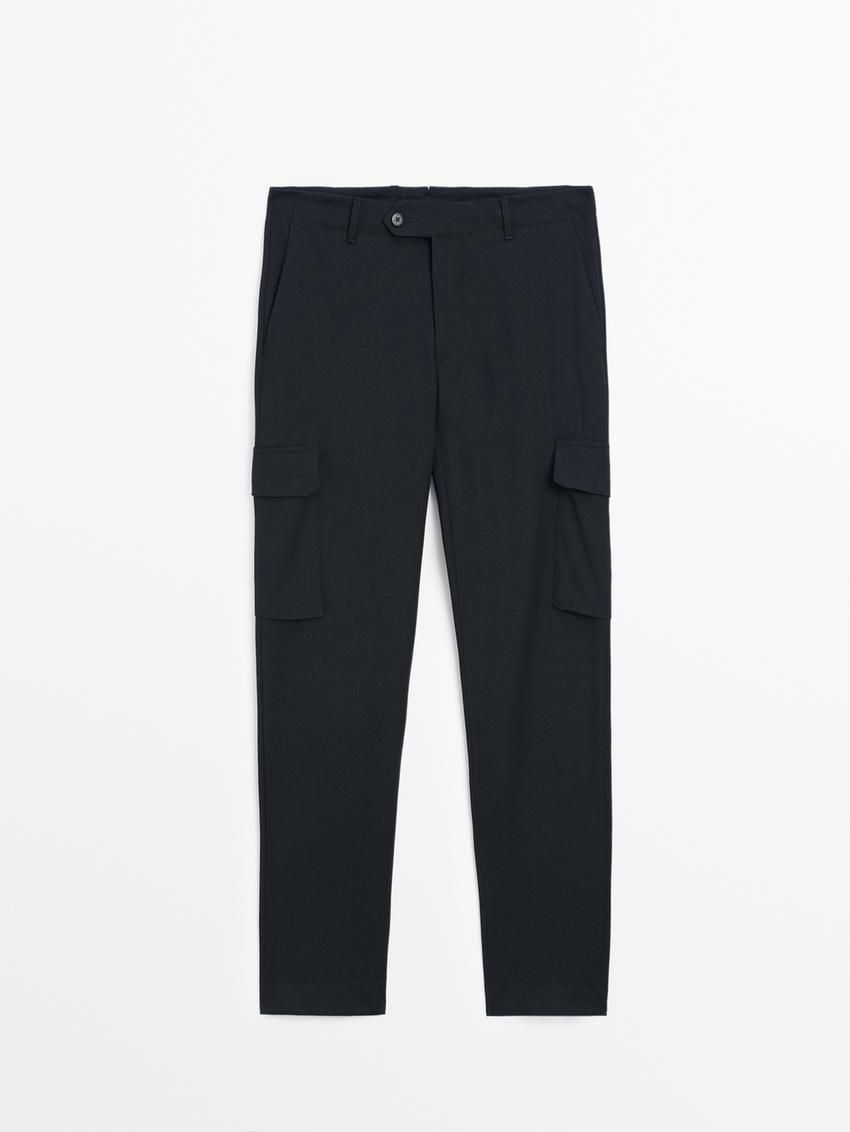 Massimo Dutti Wool Cargo Men Trousers Navy | US-SB2314875