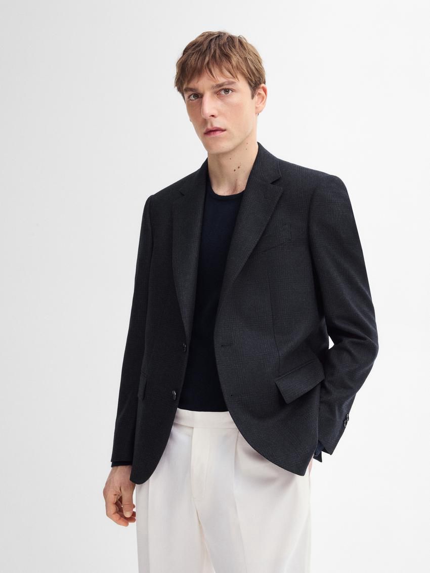 Massimo Dutti Wool Check Men Blazer Navy | US-AS8230675