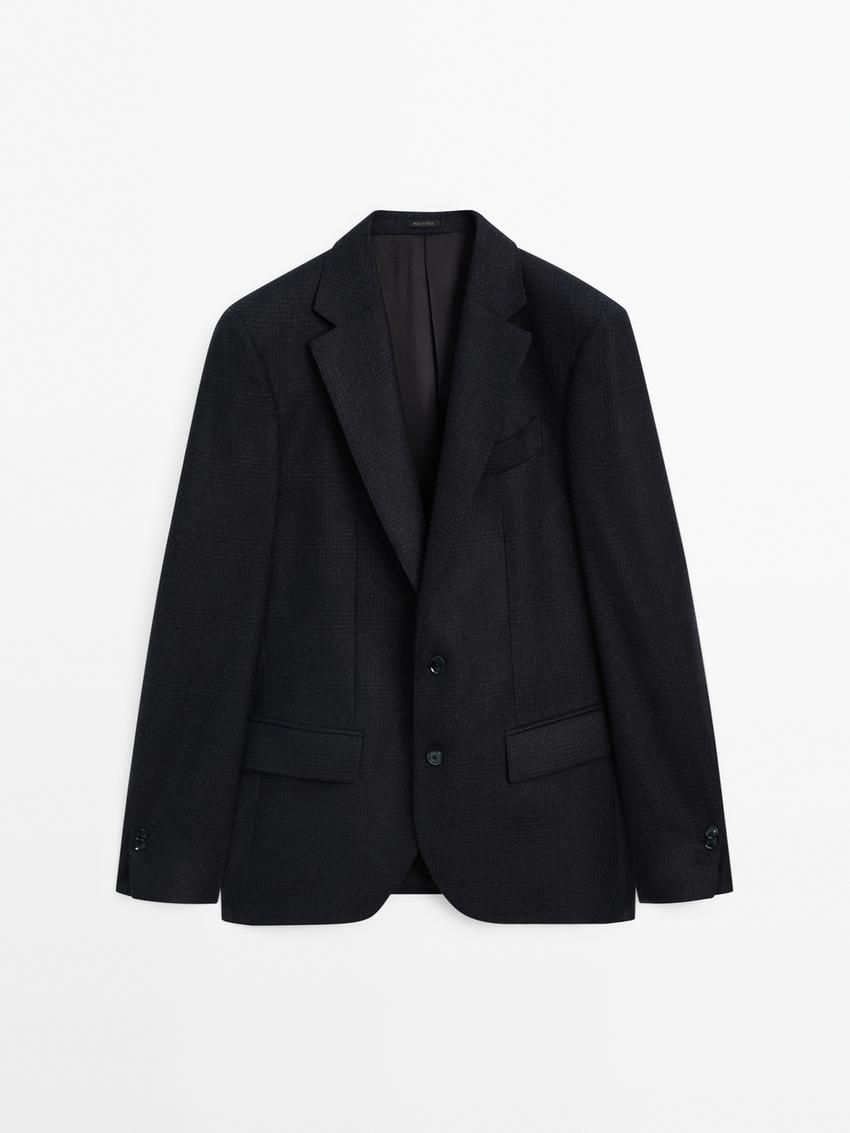 Massimo Dutti Wool Check Men Blazer Navy | US-AS8230675