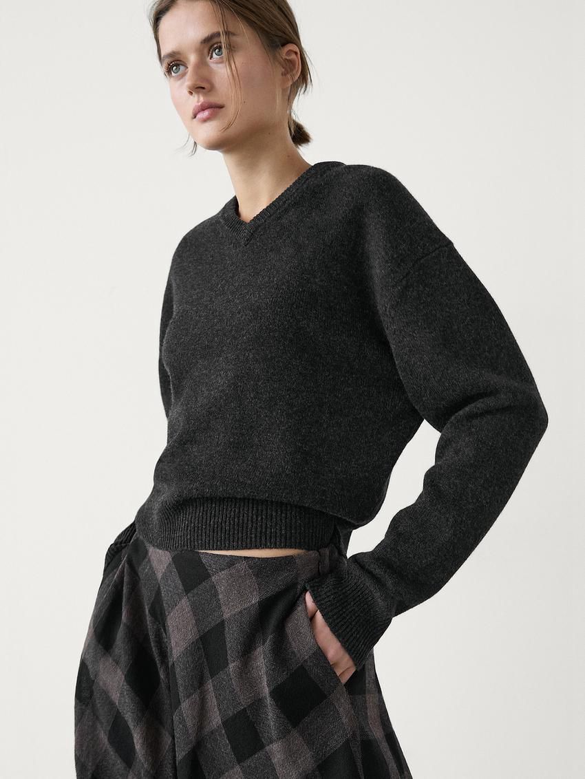 Massimo Dutti Wool Check Midi Women Skirts Black / Dark Brown | US-LB5192604