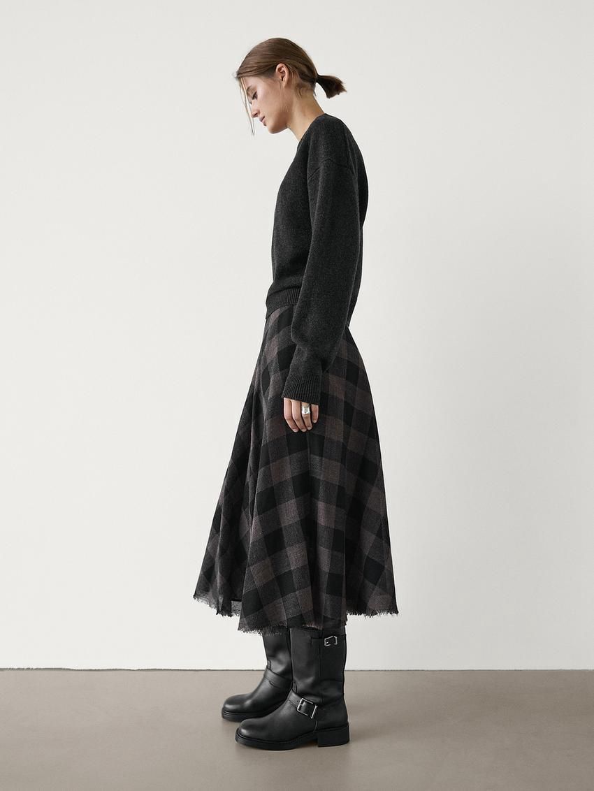 Massimo Dutti Wool Check Midi Women Skirts Black / Dark Brown | US-LB5192604