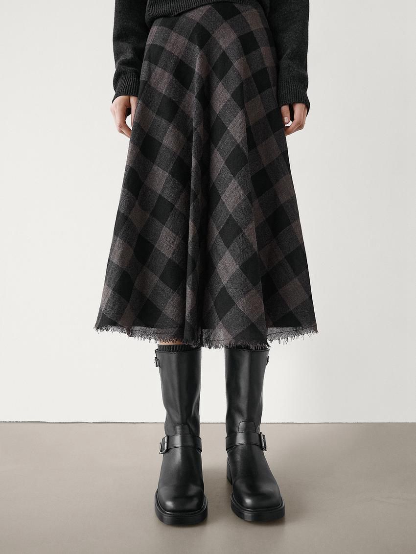 Massimo Dutti Wool Check Midi Women Skirts Black / Dark Brown | US-LB5192604