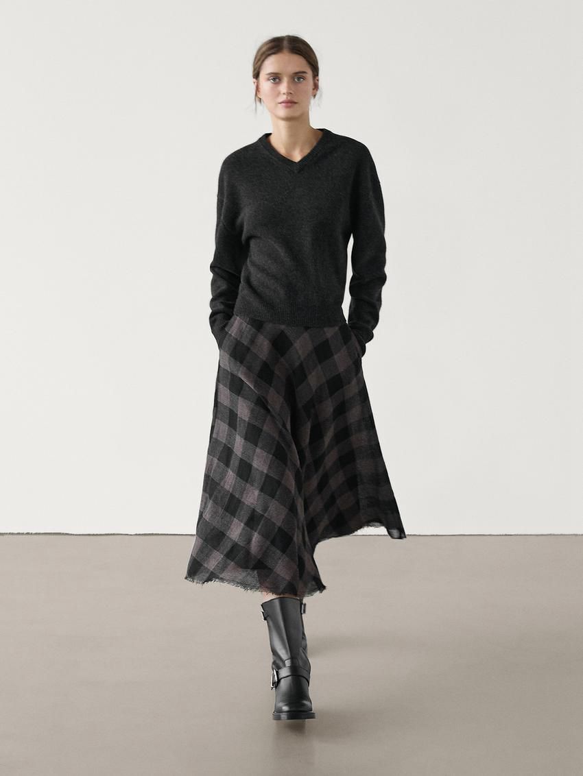 Massimo Dutti Wool Check Midi Women Skirts Black / Dark Brown | US-LB5192604
