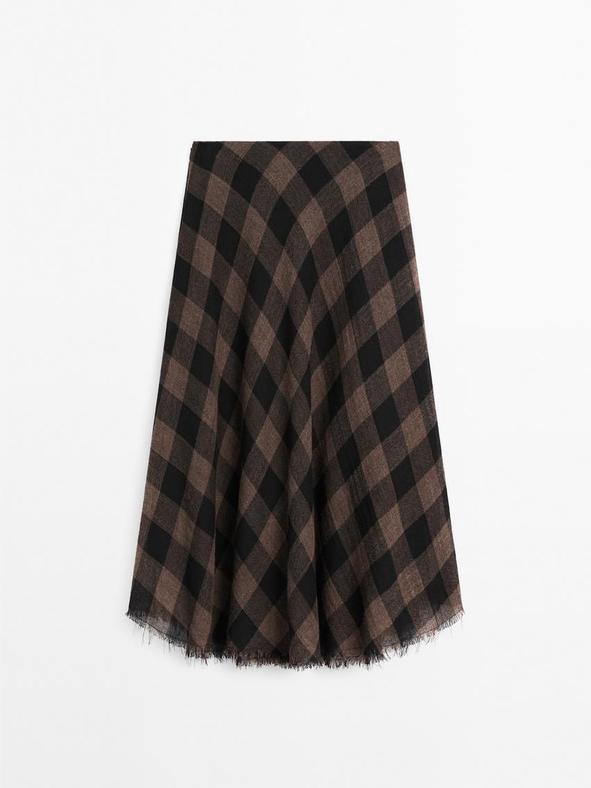 Massimo Dutti Wool Check Midi Women Skirts Black / Dark Brown | US-LB5192604